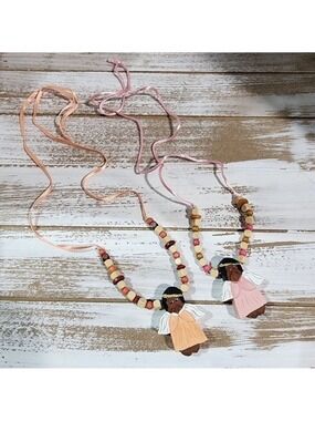 Handmade Handpainted praying Angel Holiday Christmas wood beaded necklace signed